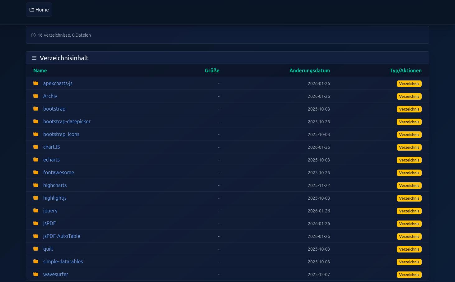 Eine leichtgewichtige und klar strukturierte Lösung zur Visualisierung von Dateiverzeichnissen. Ursprünglich als internes Werkzeug für statische Archive konzipiert, bietet das System heute eine performante Web-Oberfläche zur effizienten Dateiverwaltung.